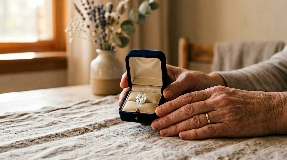 Hands presenting a jewelry box with a memorial gem