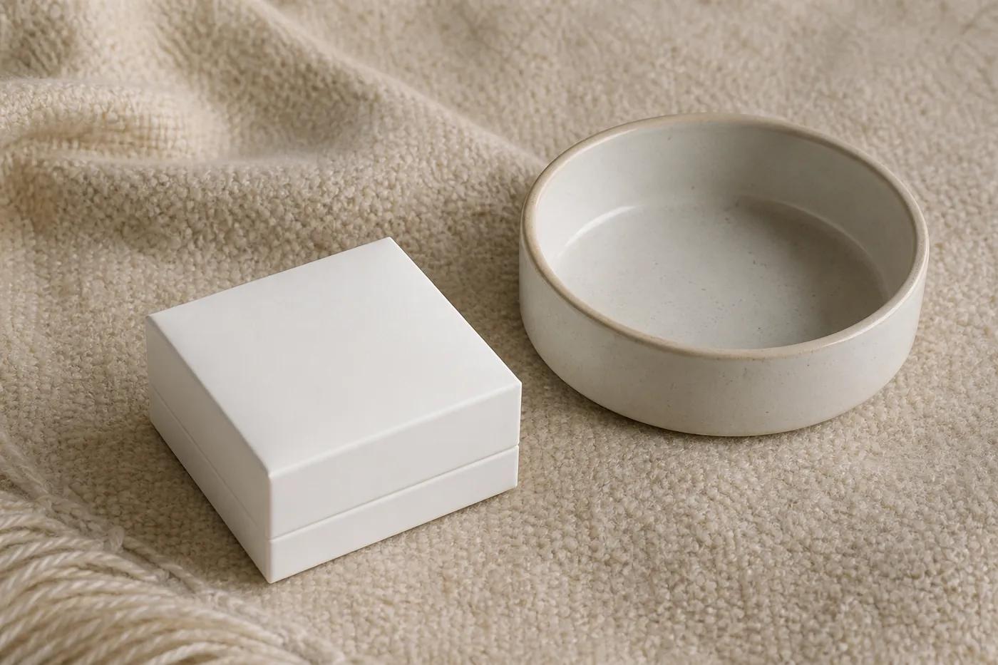 Still life: closed jewelry box on a neutral blanket beside a clean pet water bowl—no animals shown